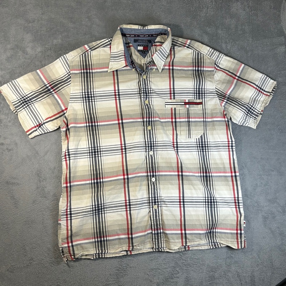 Vintage Tommy Jeans Mens XXL Plaid Short Sleeve Button Down Shirt Hong Kong Tan